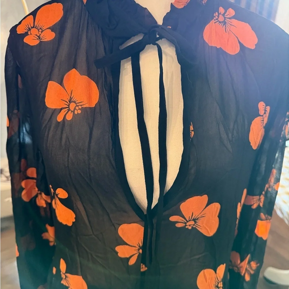 Ganni Black Sheer Dress with Orange Floral Design Lined on Bottom - Picture 6 of 15